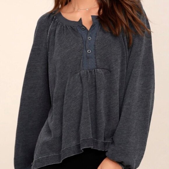 Free People We The Free Washed Black Acadia Henley Top Oversized Size Small - Picture 1 of 12
